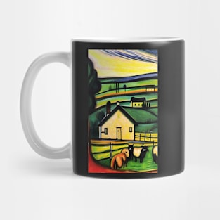 Colourful oil painting of a farm with sheep Mug